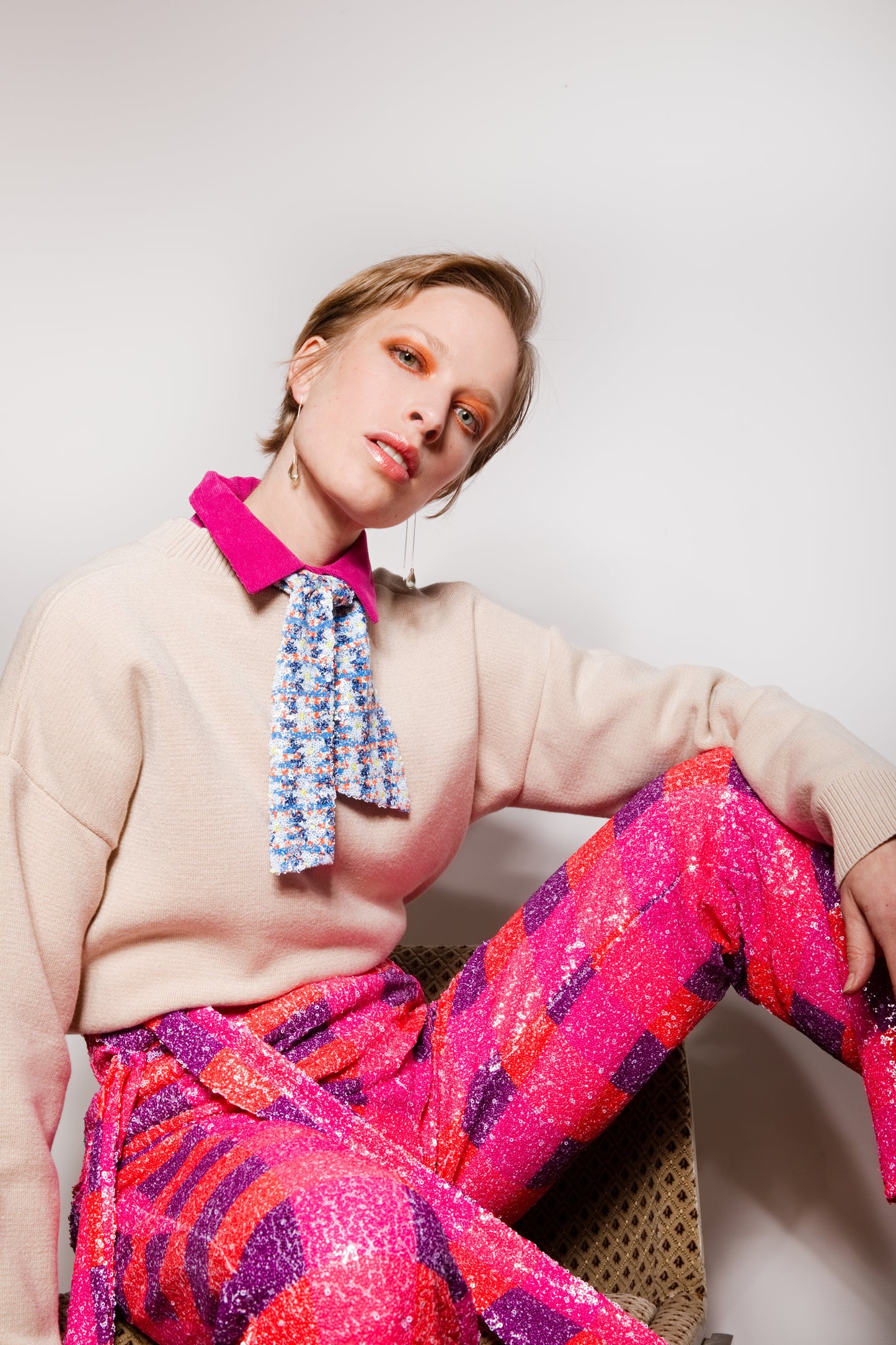 Checked Sequin Pants with belt